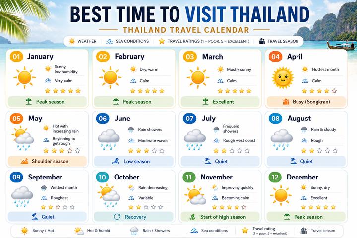 Thailand travel calendar with the weather, sea conditions and travel season for each month